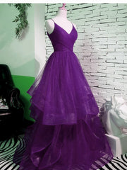 Boho Wedding Dress, Purple V-neckline Straps Layers Tulle Party Gown, Purple Evening Dress