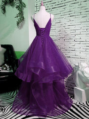Bridesmaids Dresses Purple, Purple V-neckline Straps Layers Tulle Party Gown, Purple Evening Dress