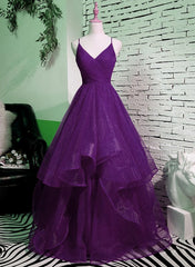 Beach Wedding, Purple V-neckline Straps Layers Tulle Party Gown, Purple Evening Dress
