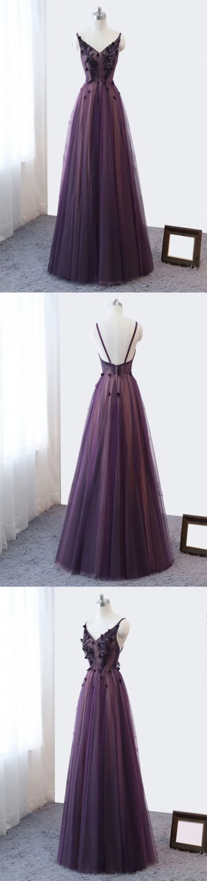 Bridesmaids Dresses Affordable, Purple V-neckline Tulle Lace Applique Party Dress, Purple Formal Dress Prom Dress