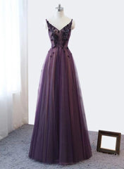 Bridesmaid Dresses Burgundy, Purple V-neckline Tulle Lace Applique Party Dress, Purple Formal Dress Prom Dress