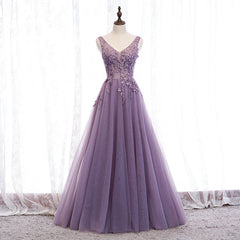 Homecoming Dress Idea, Purple V-neckline Tulle with Lace Floor Length Party Dress Evening Dress,Purple Prom Dress