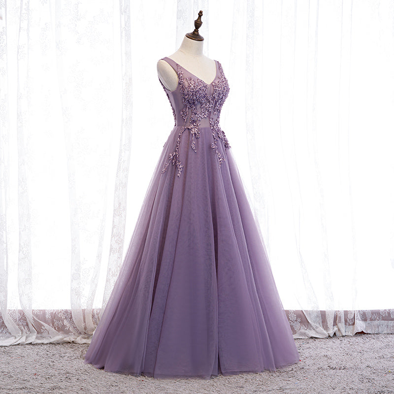 Homecoming Dress Beautiful, Purple V-neckline Tulle with Lace Floor Length Party Dress Evening Dress,Purple Prom Dress