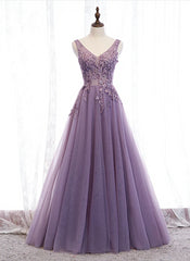 Homecoming Dress Ideas, Purple V-neckline Tulle with Lace Floor Length Party Dress Evening Dress,Purple Prom Dress