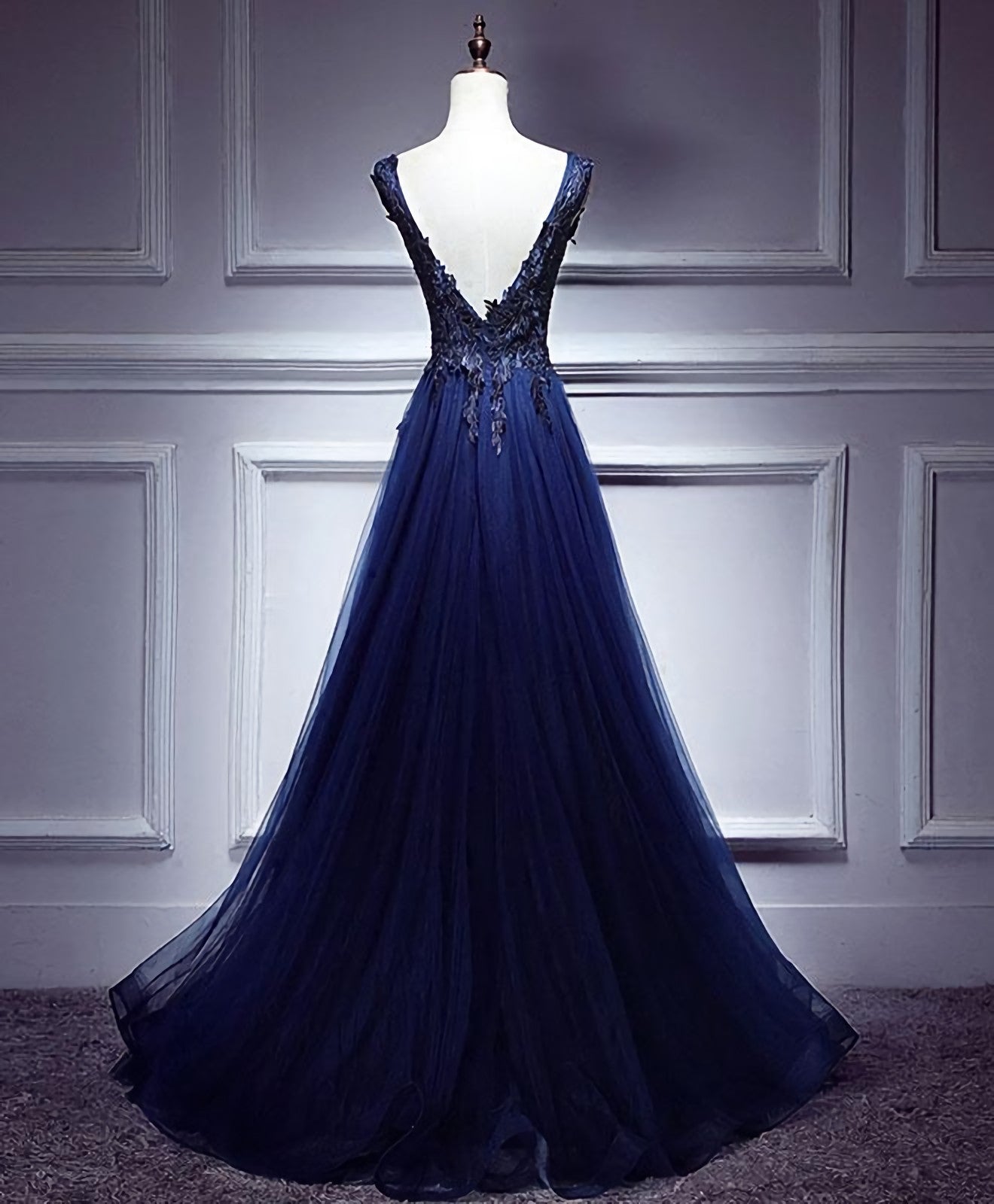 Party Dress Up Ideas Halloween Costumes, Dark Blue Lace V Neck Long Prom Dress, Lace Evening Dress