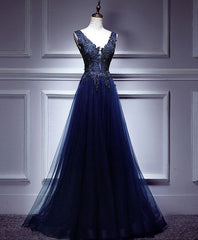Party Dresses For Christmas Party, Dark Blue Lace V Neck Long Prom Dress, Lace Evening Dress