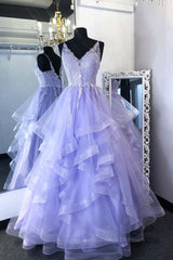 Prom Dress Bodycon, Purpler v neck tulle lace beads long prom dress tulle formal dress