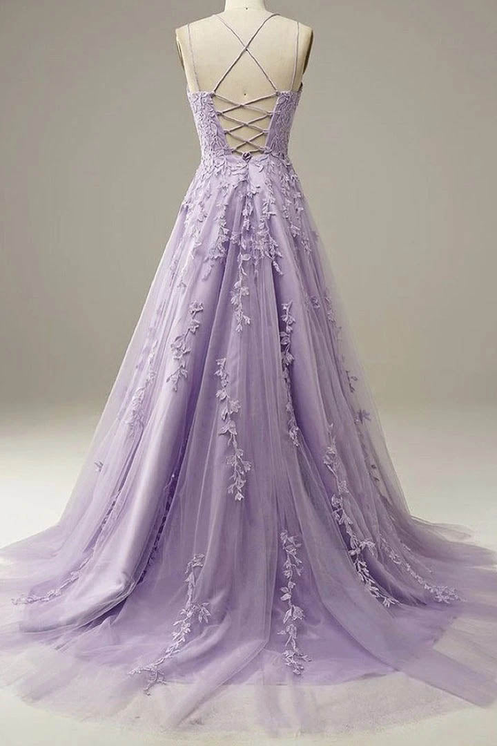 Black Gown, Light Purple Lace Applique A Line Spaghetti Straps Prom Dress Evening Gown