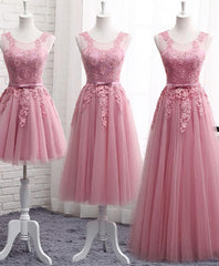 Party Dress On Line, Pink Round Neck Lace Tulle Prom Dress, Lace Evening Dresses