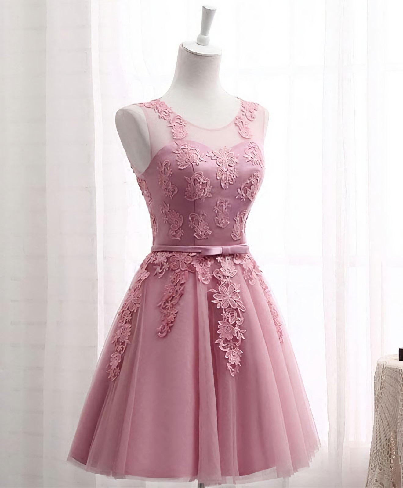 Party Dress In Store, Pink Round Neck Lace Tulle Prom Dress, Lace Evening Dresses