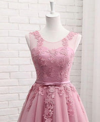 Party Dress Style Shop, Pink Round Neck Lace Tulle Prom Dress, Lace Evening Dresses