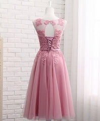 Party Dresses In Store, Pink Round Neck Lace Tulle Prom Dress, Lace Evening Dresses