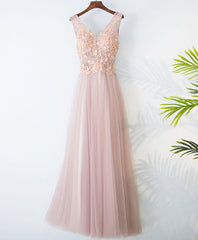 Wedding Guest, Pink V Neck Lace Long Prom Dress, Cheap Evening Dress