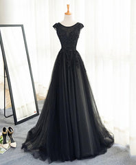 Bridesmaids Dresses Floral, Black A Line Tulle Lace Long Prom Dress, Evening Dress