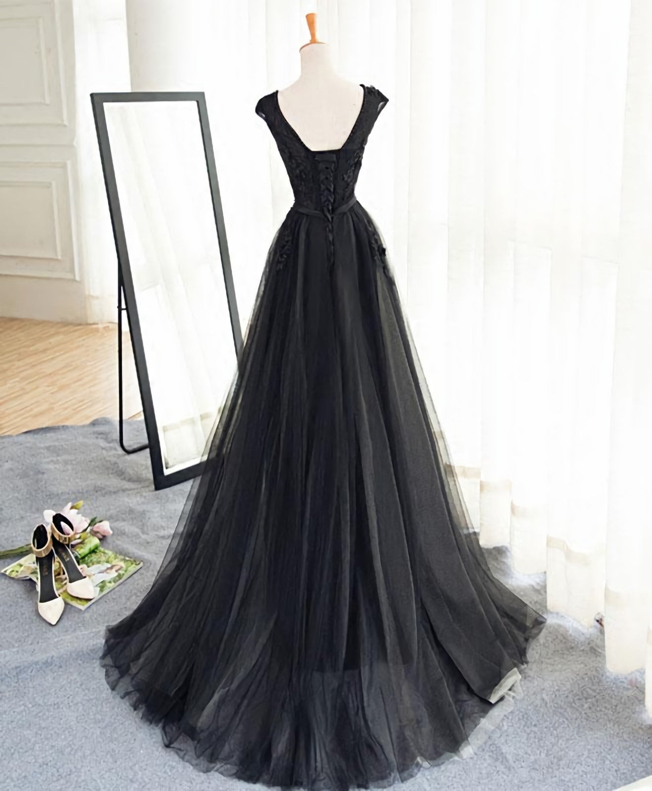 Bridesmaid Dressese Lavender, Black A Line Tulle Lace Long Prom Dress, Evening Dress