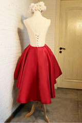 Formal Dress For Sale, A Line Red Appliques Lace High Low Lace Up Satin Scoop Homecoming Dresses
