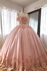 Wedding Dress Petite, Quince Dresses Pink Ball Gowns Off the Shoulder Wedding Dress