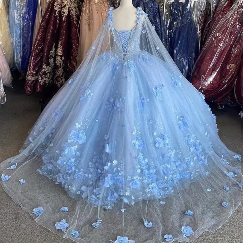 Formal Dresses Royal Blue, 3D Flowers Tulle Sweetheart Ball Gown Quinceanera Dresses Purple With Cape