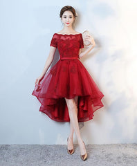 Bridesmaid Dress 2045, Burgundy Lace High Low Short Prom Dress, Lace Evening Dress