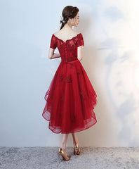 Bridesmaid Dresses Red, Burgundy Lace High Low Short Prom Dress, Lace Evening Dress