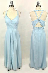 Party Dresses With Boots, Halter Light Blue Chiffon A-line Long Bridesmaid Dress
