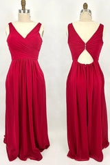 Dress To Wear To A Wedding, Ruched Red V Neck A-line Long Bridesmaid Dress