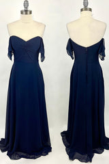 Party Dress Size 32, Knot Off the Shoulder Navy Blue Chiffon Long Bridesmaid Dress