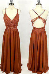 Formal Dresses For Wedding Guest, Rust Orange Lace and Chiffon A-line Long Bridesmaid Dress