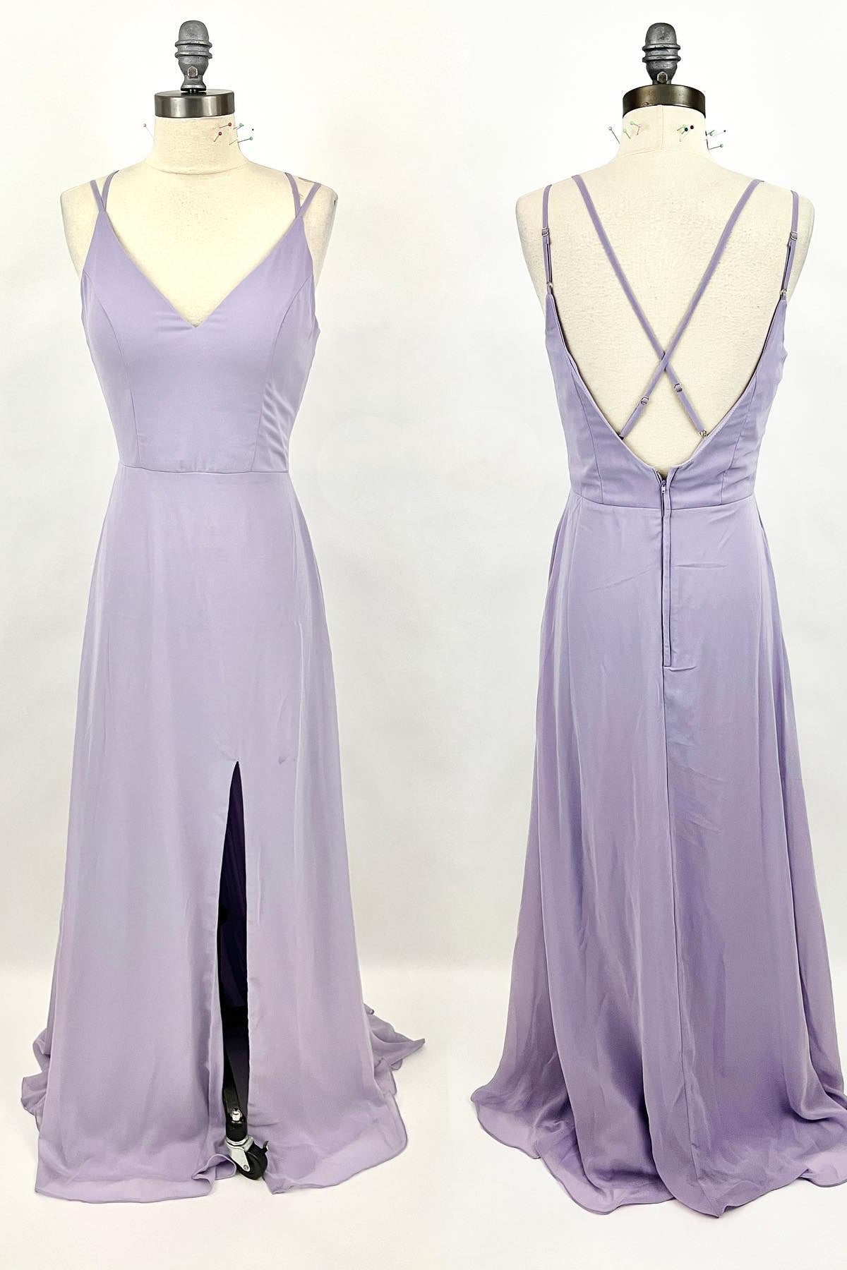 Evening Dresses Yellow, Double Straps Light Purple A-line Long Bridesmaid Dress
