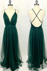 Party Dress Satin, Straps Dark Green Tulle A-line Full Length Bridesmaid Dress