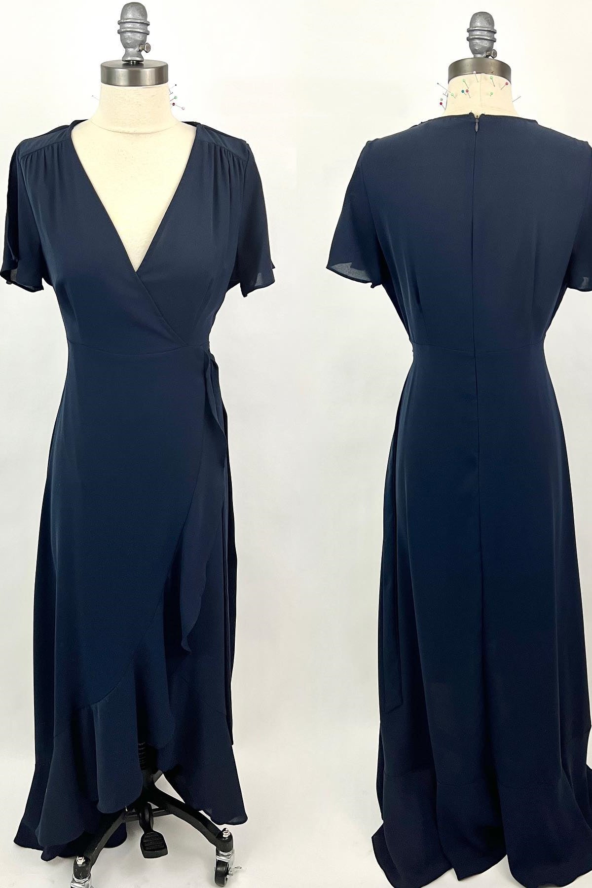 Formal Dresses 2037, Short Sleeves Navy Blue Chiffon A-line Long Bridesmaid Dress