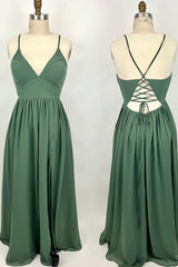 Party Dress Ideas For Winter, Straps Green A-line Long Formal Dress with Lace Up Back