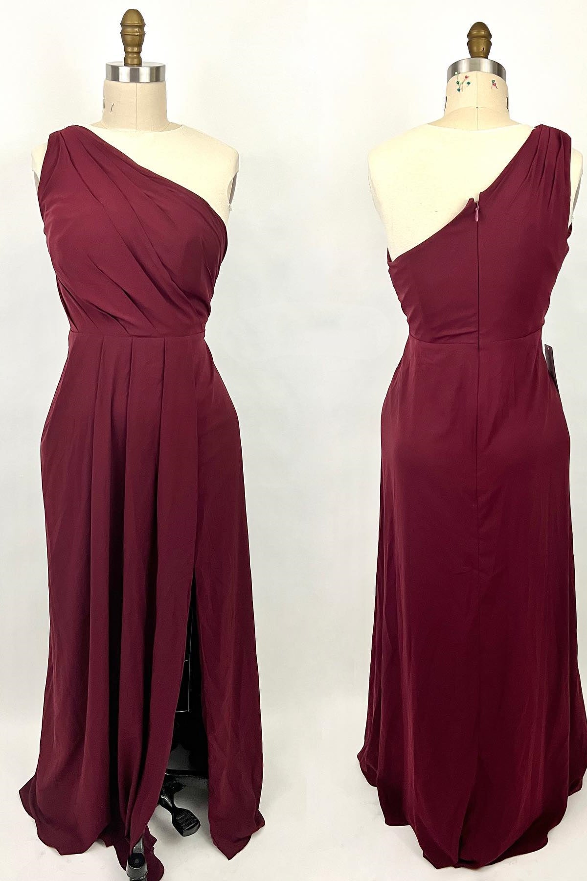 Satin Prom Dress, Ruched Wine Red One Shoulder A-line Long Bridesmaid Dress