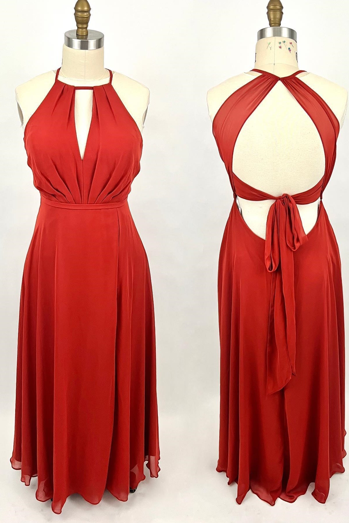 Formal Dresses Websites, Scoop Red A-line Chiffon Long Bridesmaid Dress with Open Back
