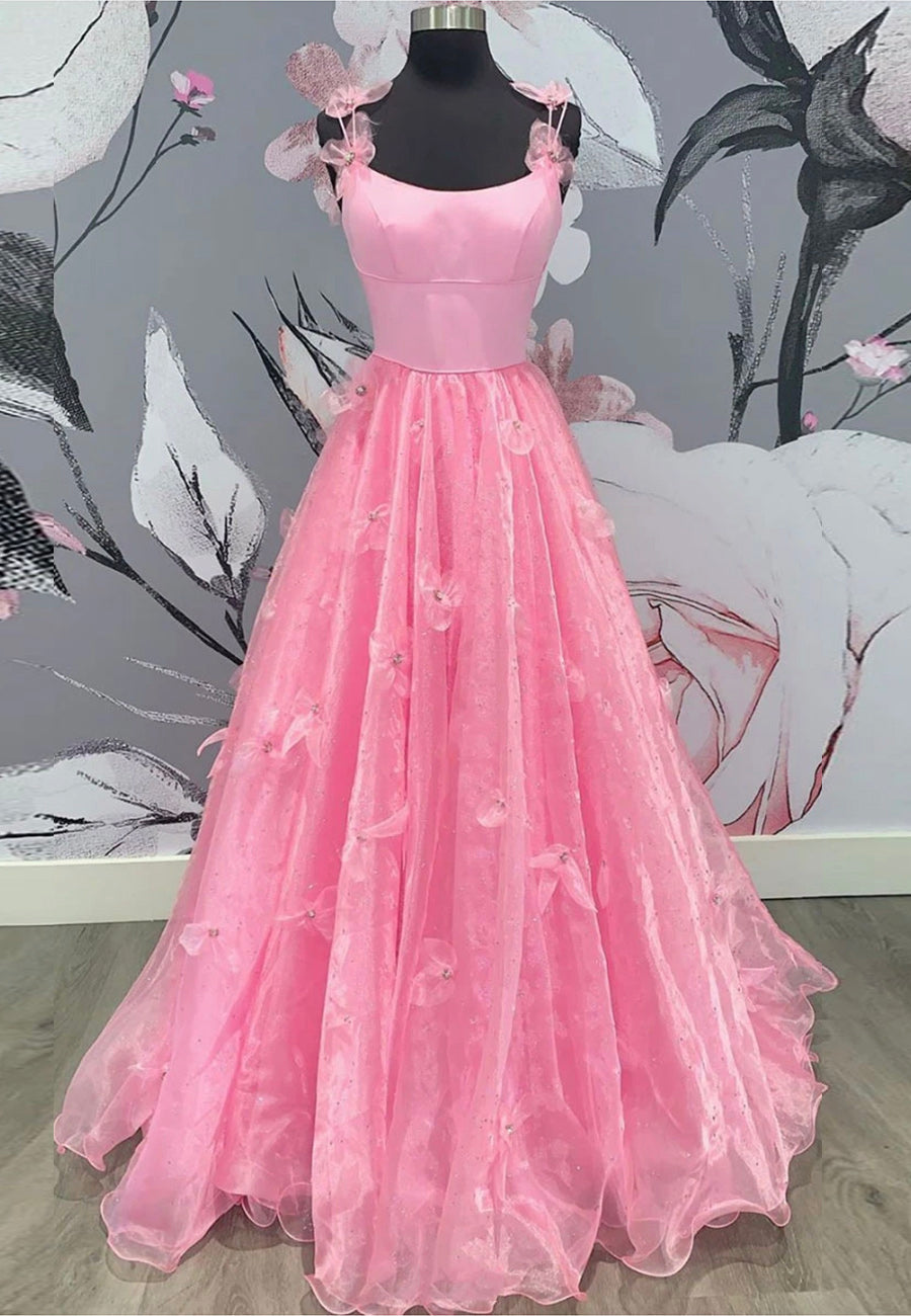 Homecoming Dresses Simple, Pink Tulle Long A-Line Prom Dresses, Pink Evening Dresses