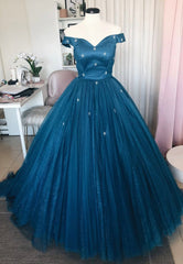 Formal Dresses Classy Elegant, Blue Tulle Long A-Line Prom Dresses, Off the Shoulder Evening Dresses