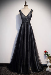 Homecomeing Dresses Black, Black V-Neck Tulle Long Prom Dresses, A-Line Evening Dresses