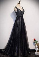 Homecomming Dresses Black, Black V-Neck Tulle Long Prom Dresses, A-Line Evening Dresses