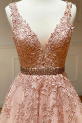 Homecoming Dress Styles, Pink V-Neck Lace Long Prom Dresses, A-Line Tulle Graduation Dresses