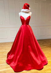Evening Dresses Gowns, Red Satin Long Prom Dresses, Simple A-Line Evening Dresses