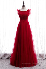 Prom Dresses Affordable, Red A-line Beaded Ruffle Sleeveless Lace-Up Maxi Formal Dress