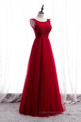 Prom Dress Affordable, Red A-line Beaded Ruffle Sleeveless Lace-Up Maxi Formal Dress