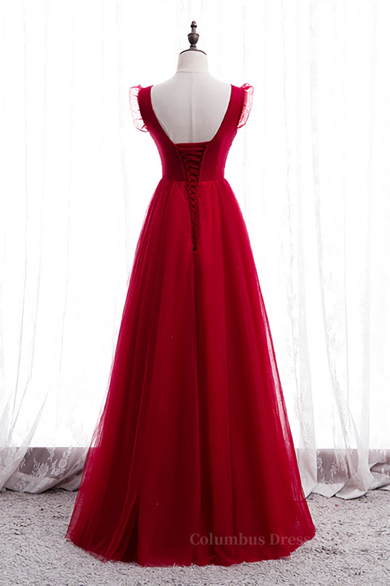 Prom Dress Vintage, Red A-line Beaded Ruffle Sleeveless Lace-Up Maxi Formal Dress
