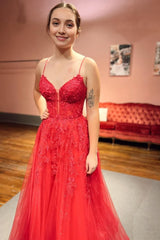 Red A-Line Corset Lace Long Prom Dress