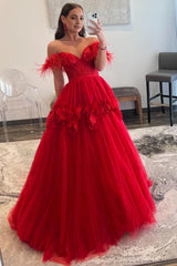 Red A-Line Corset Long Prom Dress with 3D Flowers