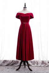 Prom Dress Stores, Red A-line Fold Off-the-Shoulder Beaded Tea Length Formal Dress