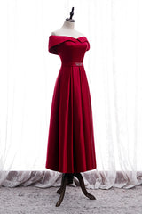 Prom Dresses Stores, Red A-line Fold Off-the-Shoulder Beaded Tea Length Formal Dress