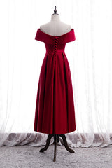 Prom Dress Store, Red A-line Fold Off-the-Shoulder Beaded Tea Length Formal Dress
