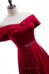 Prom Dresses Store, Red A-line Fold Off-the-Shoulder Beaded Tea Length Formal Dress