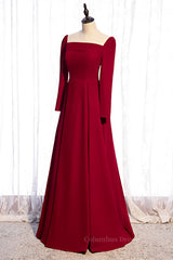 Champagne Prom Dress, Red A-line Folded Neck Long Sleeves Maxi Formal Dress